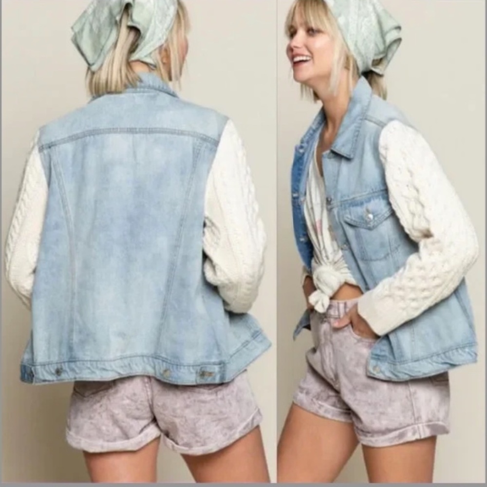 POL Light Wash Denim Jacket Knit Sweater Sleeves Size Large - Picture 3 of 16